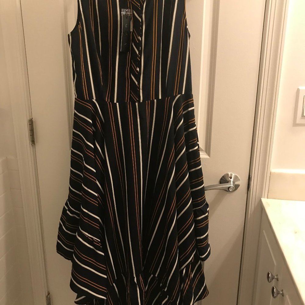 Gracia Navy Multi Colored Striped High-Low Dress